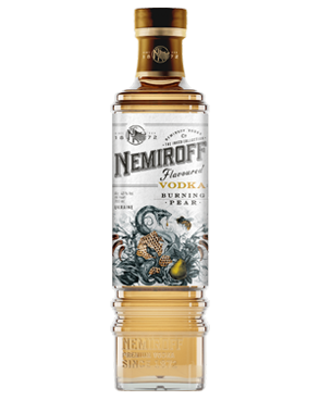 Image of a bottle of Nemiroff Burning Pear Vodka featuring a sleek design with a white label and black and yellow accents.