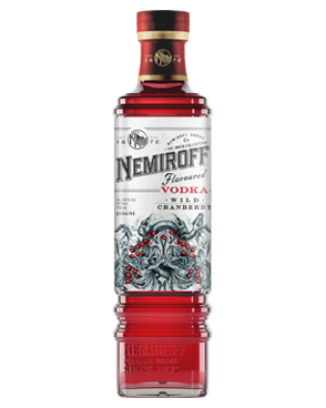 Image of a bottle of Nemiroff Wild Cranberry Vodka featuring a sleek design with a white label and black and red accents.