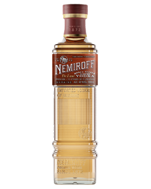 Image of a bottle of Nemiroff Honey Pepper Vodka featuring a sleek design with a brown label and white accents.