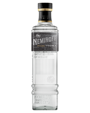 Image of a bottle of Nemiroff De Luxe Original Vodka featuring a sleek design with a dark grey label and white accents.