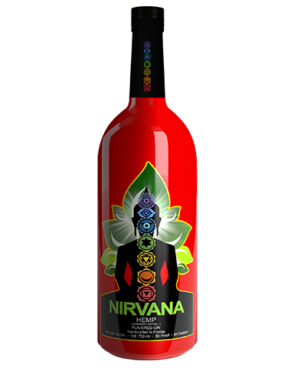 Image of a red bottle of Nirvana Gin featuring a sleek design with a black label and green accents.