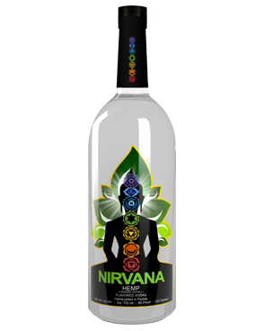 Image of a bottle of Nirvana Vodka featuring a sleek design with a black label and green accents.