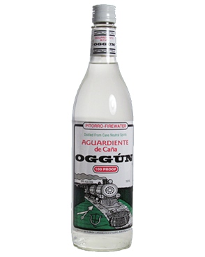 Image of a bottle of Oggun 100 Proof Aguardiente featuring a sleek design with a white and green label with a grey train and black and red accents.