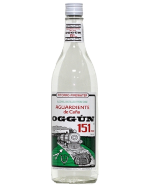 Image of a bottle of Oggun 151 Proof Aguardiente featuring a sleek design with a white and green label with a grey train and black and red accents.