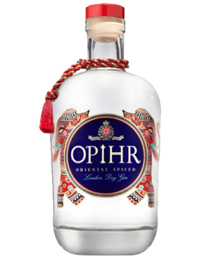 Image of a bottle of Opihr Oriental Spiced London Dry Gin featuring a sleek design with a blue label and white accents.