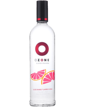 Image of a bottle of Ozone Blood Orange Vodka featuring a sleek design with a white label and red, pink, orange, and silver accents.