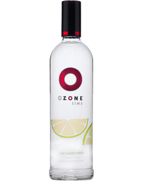 Image of a bottle of Ozone Lime Vodka featuring a sleek design with a white label and red, green, yellow, and silver accents.