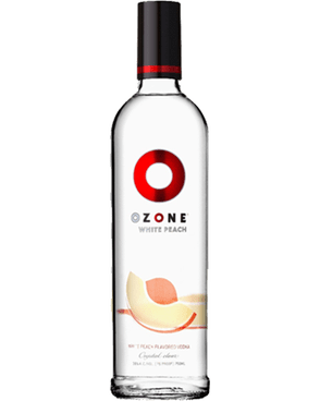 Image of a bottle of Ozone Peach Vodka featuring a sleek design with a white label and red, yellow, and silver accents.