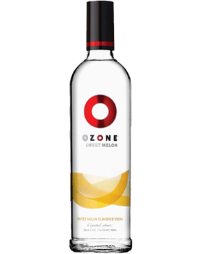 Image of a bottle of Ozone Melon Vodka featuring a sleek design with a white label and red, yellow, orange, and silver accents.