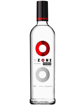 Image of a bottle of Ozone Vodka featuring a sleek design with a white label and red and silver accents.