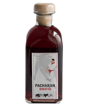 Image of a bottle of Pacharan Bibatio featuring a sleek design with a white label and black and red accents.