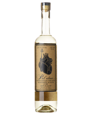 Image of a bottle of Pal'alma Mezcal featuring a sleek design with an aged label and black accents.