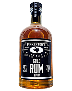 Image of a bottle of Pinkerton's Gold Rum featuring a sleek design with a black label and white accents.