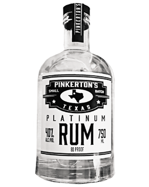 Image of a bottle of Pinkerton's Platinum Rum featuring a sleek design with a white label and black accents.