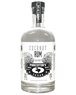 Image of a bottle of Pinkerton's Coconut Rum featuring a sleek design with a white label and black accents.