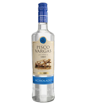 Image of a bottle of Pisco Vargas Acholado Rum featuring a sleek design with a tan label and black and blue accents.