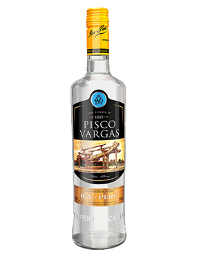 Image of a bottle of Pisco Vargas ICA Peru Rum featuring a sleek design with a black label and white and gold accents.