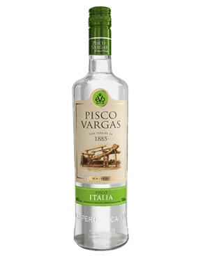 Image of a bottle of Pisco Vargas Italia Rum featuring a sleek design with a tan label and black and green accents.