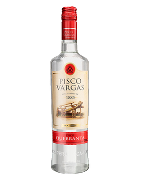 Image of a bottle of Pisco Vargas Quebranta Rum featuring a sleek design with a tan label and black and red accents.