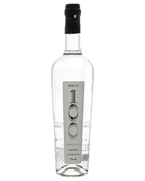 Image of a bottle of Pisco 100 featuring a sleek design with a matte silver label with metallic silver accents.