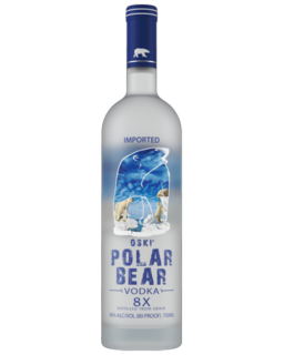 Image of a bottle of Oski Polar Bear Vodka featuring a sleek design with a clear label and blue accents.