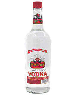 Image of a bottle of Potter's Vodka featuring a sleek design with a clear label and red accents.