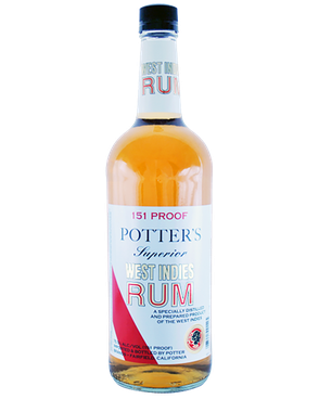 Image of a bottle of Potter's 151 Rum featuring a sleek design with a light blue and red label and blue, silver, and red accents.