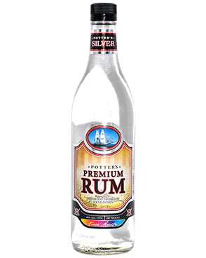 Image of a bottle of Potter's Blanco Rum featuring a sleek design with a striped yellow and orange label and blue, black, and red accents.