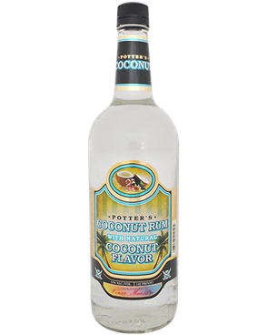 Image of a bottle of Potter's Coconut Rum featuring a sleek design with a striped yellow and green label and blue accents.