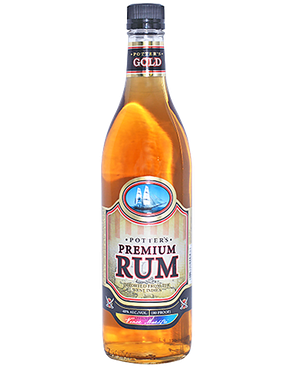 Image of a bottle of Potter's Gold Rum featuring a sleek design with a striped yellow and orange label and blue, black, and red accents.