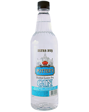 Image of a bottle of Potter's London Extra Dry Gin featuring a sleek design with a clear label and gold, silver, and blue accents.