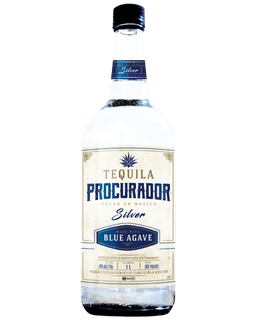 Image of a bottle of Procurador Blanco Tequila, featuring a sleek design with a white label with gold and blue accents.