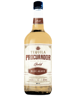 Image of a bottle of Procurador Gold Tequila, featuring a sleek design with a white label with gold and brown accents.