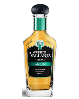 Image of a bottle of Puerto Vallarta Mixto Anejo Tequila, featuring a sleek design with a black label with green accents.