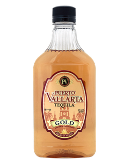 Image of a bottle of Puerto Vallarta Mixto Gold Tequila, featuring a sleek design with a Mexican heritage label with deep red accents.