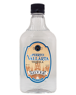 Image of a bottle of Puerto Vallarta Mixto Silver Tequila, featuring a sleek design with a Mexican heritage label with blue accents.