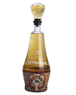 Image of a bottle of Vivamor Reposado Tequila featuring a slick design with a clear label and white accents.