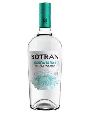 Image of a bottle of Botran Reserva Blanca Rum featuring a sleek design with a white label and black accents.