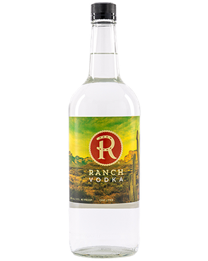 Image of a bottle of Ranch Vodka featuring a sleek design with a green and yellow label of a mountainous background and red accents.