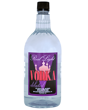 Image of a bottle of Real Light Vodka featuring a sleek design with a black and purple label and white and pink accents.