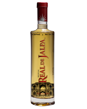 Image of a bottle of Real de Jalpa Reposado Mezcal featuring a sleek design with a yellow label and red accents.