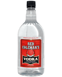 Image of a bottle of Red Coleman's Vodka featuring a sleek design with a red label and black and white accents.