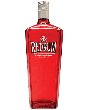 Image of a red bottle of RedRum Rum featuring a sleek design with a clear label and white accents.