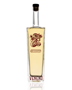 Image of a bottle of Veneno Reposado Tequila featuring a slick design with a light yellow label and red accents.