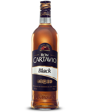 Image of a bottle of Ron Cartavio Black Rum featuring a sleek design with a black label and white accents.