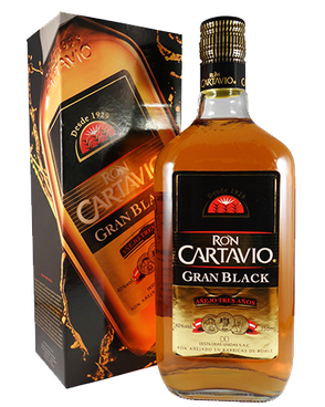 Image of a bottle of Ron Cartavio Gran Black Rum featuring a sleek design with a black label and white and red accents.