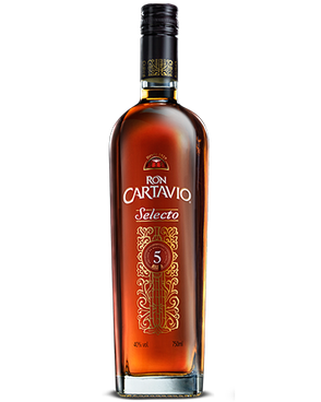 Image of a bottle of Ron Cartavio Selecto Rum featuring a sleek design with a clear label and white accents.