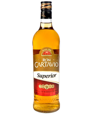 Image of a bottle of Ron Cartavio Superior Rum featuring a sleek design with a red and gold label and black and white accents.