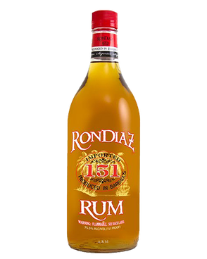 Image of a bottle of Ron Diaz 151 Rum featuring a sleek design with a gold tree label and black, white, and red accents.