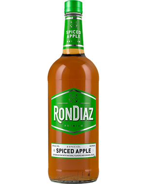 Image of a bottle of Ron Diaz Apple Rum featuring a sleek design with a green label and white accents.